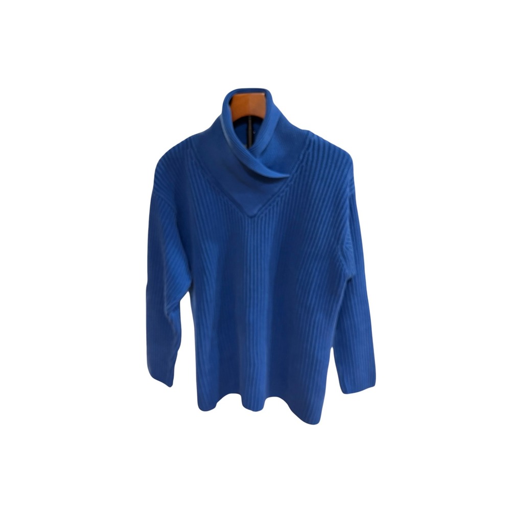 Vtg 80s Lizwear Blue Ribbed Knit Sweater Womens Cotton Shawl Collar Pullover S